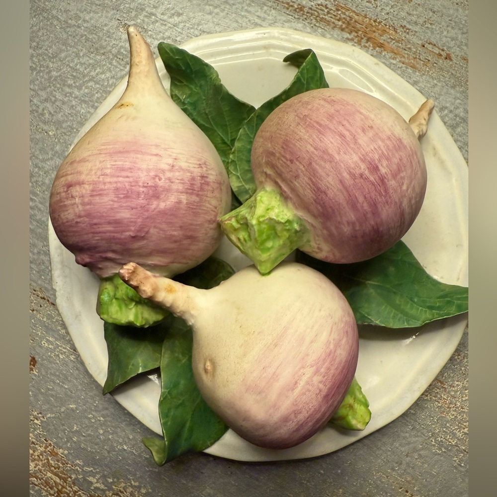 Handmade Vintage Realistic Porcelain Turnips on Saucer